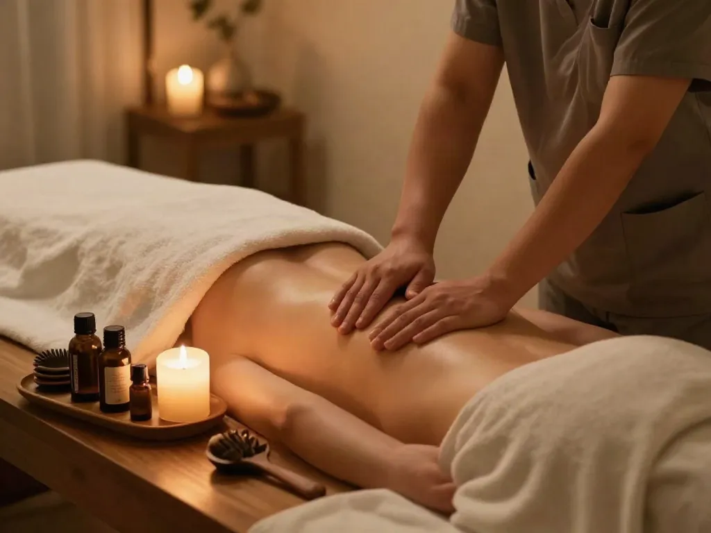 Relaxing 동탄출장마사지 scene with therapist preparing a tranquil home spa environment.