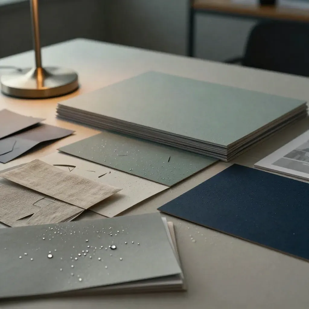 Blue-hour agency still life of boards, mockups, swatches and a lamp base on rain-damp plaster.