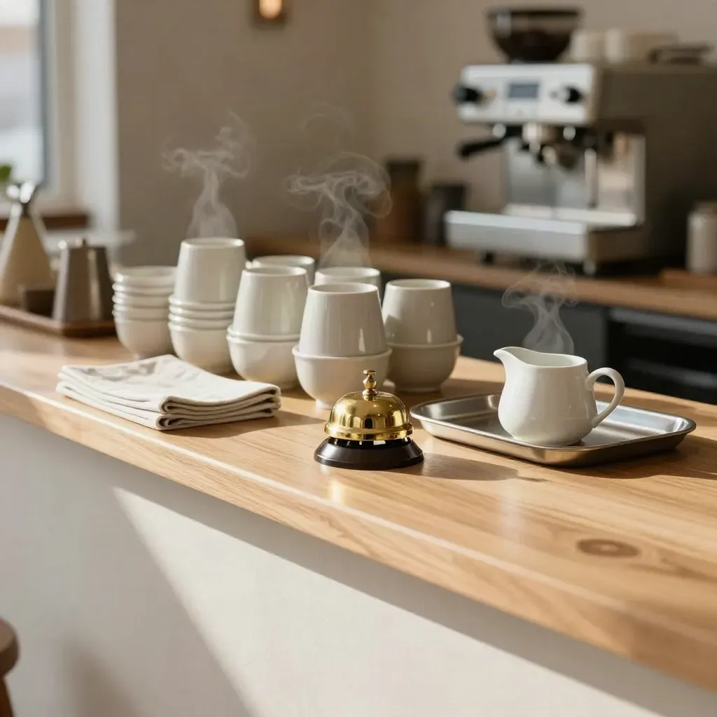 Cafe counter with stacked cups, linen napkins, brass bell, creamer, and soft steam in warm daylight.