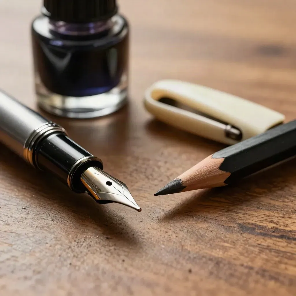 Macro still life of pen nib, pencil, ink bottle and paper knife on walnut