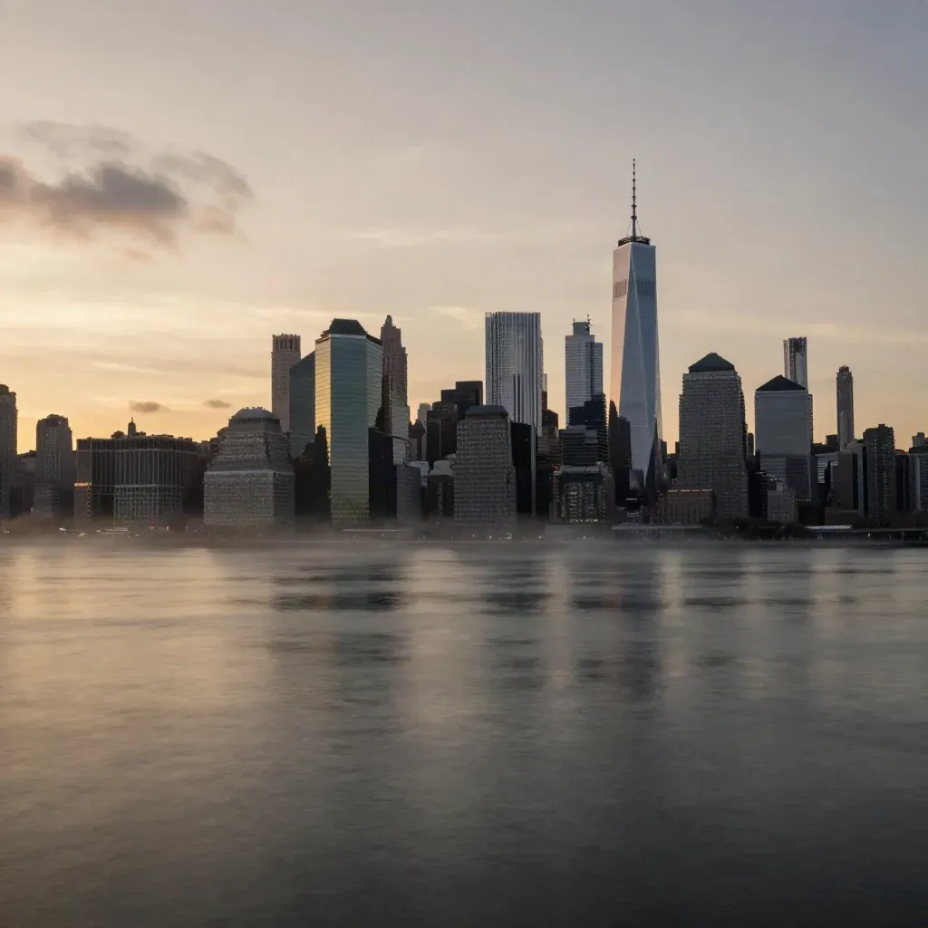 Lower Manhattan skyline glows through East River haze beneath amber sunset, calm water below.