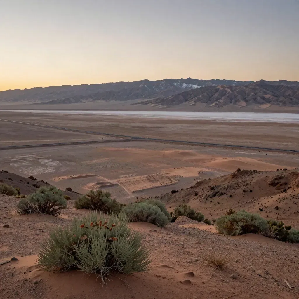 Dusty desert basin with sage scrub, a highway ribbon, and distant mountains at dusk